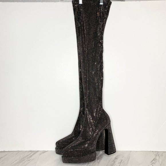 Steve Madden Sultry Rhinestone Thigh High Pointy Toe Platform Heeled Boot 8 1/2